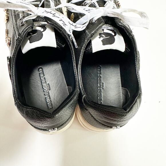 CATE PINS Karl Lagerfeld Paris Black Leather Sneakers Women’s Size 7 Cat Hearts - Picture 2 of 9